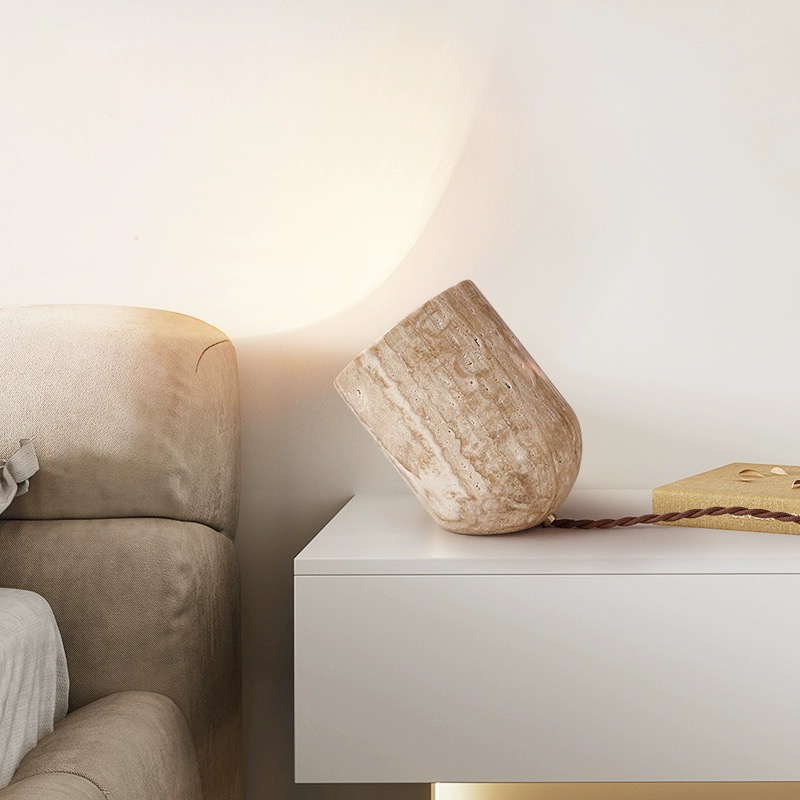 Nordic cream wood table lamp from an angle, highlighting its LED light feature.