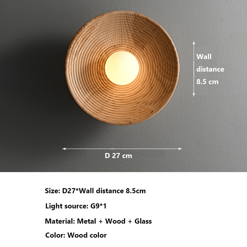Japanese Retro Handmade Wooden Shell Wall Lamp from a side angle in a cozy living room setting.