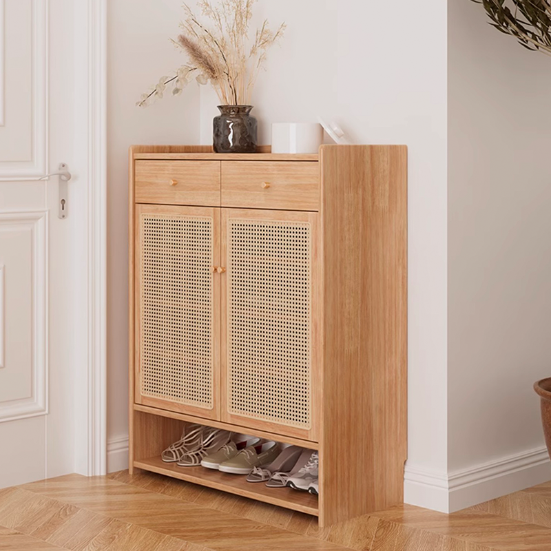 Scene with shoe cabinet in narrow hallway for compact entryway storage