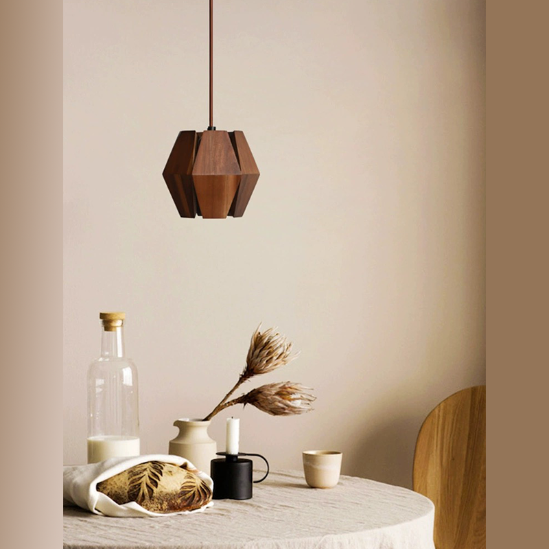 Vintage geometric wooden LED ceiling light fixture in a cozy living room.