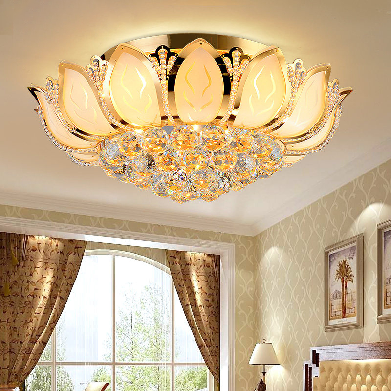 Close-up view of the gold lotus flower ceiling light demonstrating its intricate design and craftsmanship.