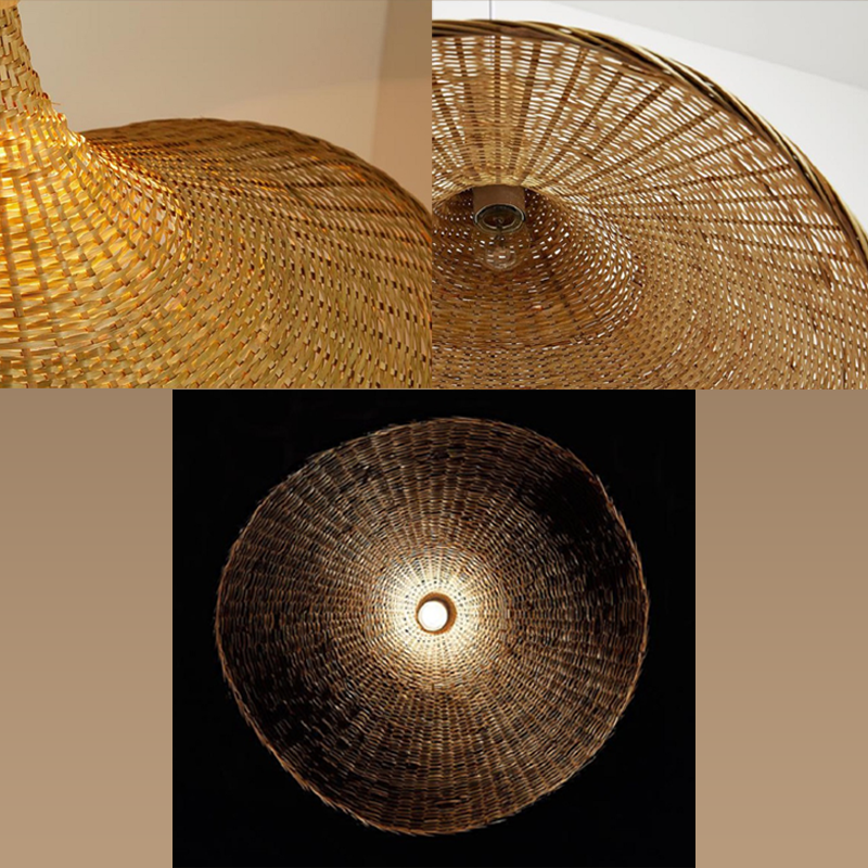 Eco-Chic Bamboo Wicker LED Pendant Light from a side angle in a cozy living room setting.