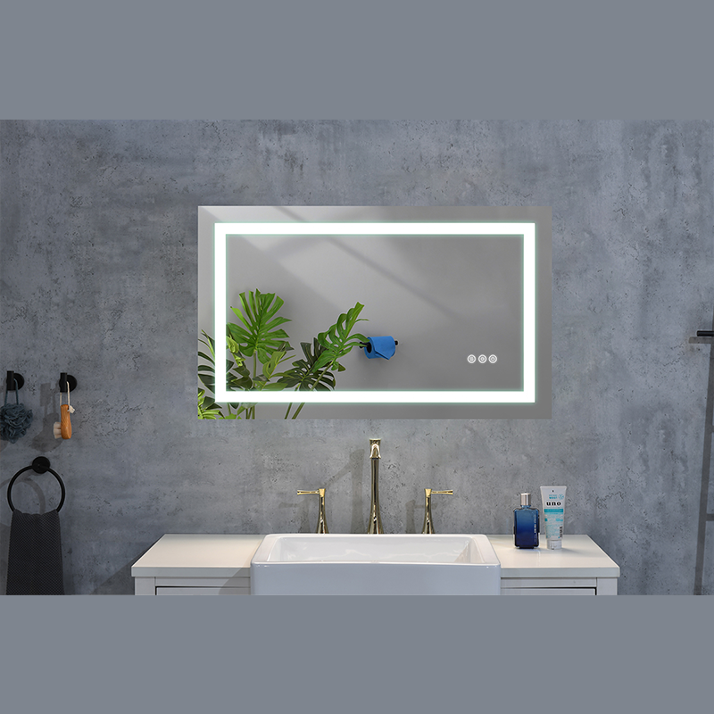 40-inch LED bathroom mirror with defogger mounted above a stylish vanity.