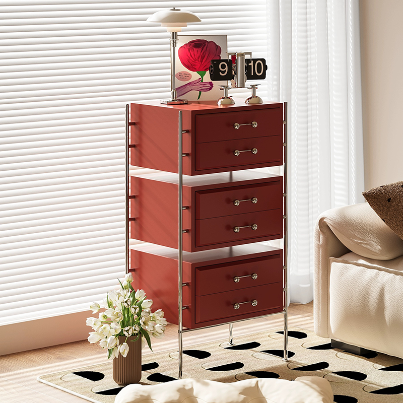 Sleek modern wood metal storage cabinet showcasing six drawers in a cozy bedroom setting.