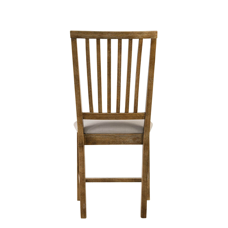 Close-up view of the tan linen upholstery on the padded dining chairs, highlighting the quality and comfort.