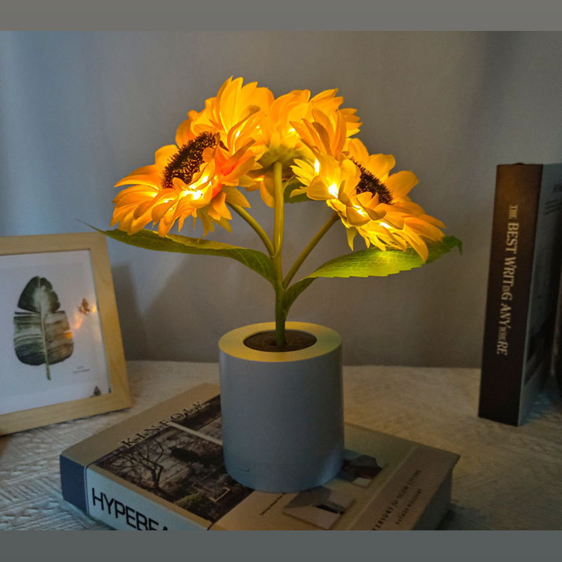 Charming sunflower lamp placed on a bedside table, creating a cozy atmosphere.