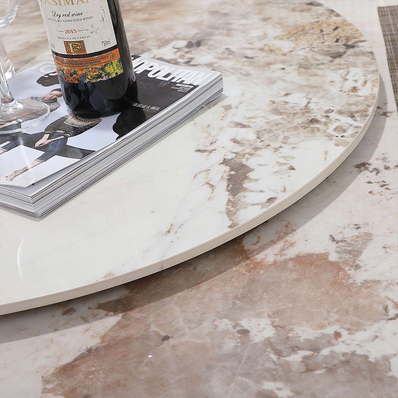 Elegant beige and yellow pedestal dining table set in a modern dining room.