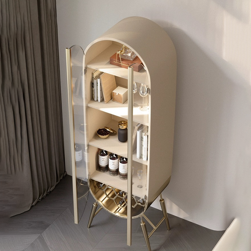 Close-up of the tall cabinets sturdy stainless steel frame and micro fiber leather details.