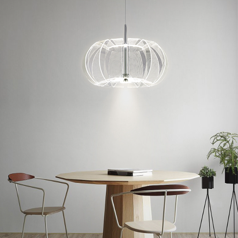 Acrylic LED pendant light showcasing its elegant design in a stylish living room setting.