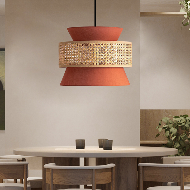 Side view of colorful rattan pendant with warm ambient lighting effect