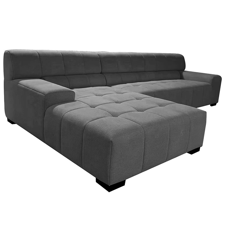 Dark grey modern fabric sectional sofa featuring plush foam cushioning and a contemporary style, perfect for lounging.