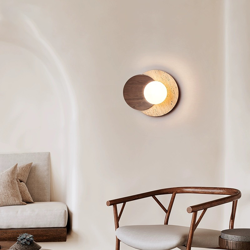 The Nordic style wooden wall lamp installed in a cozy living room setting, providing warm illumination.