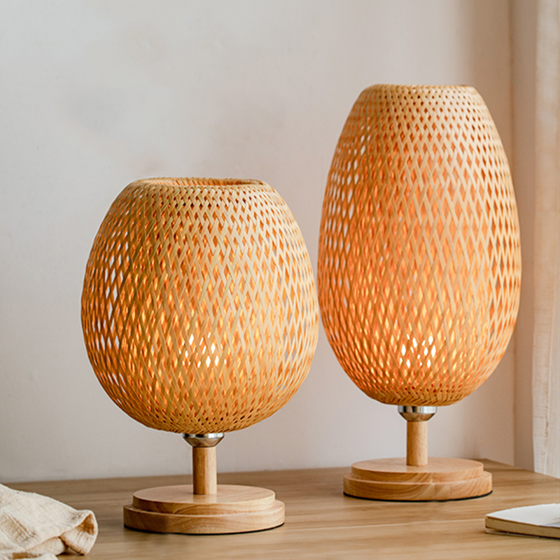 Close-up of the bamboo lampshade highlighting the intricate craftsmanship.