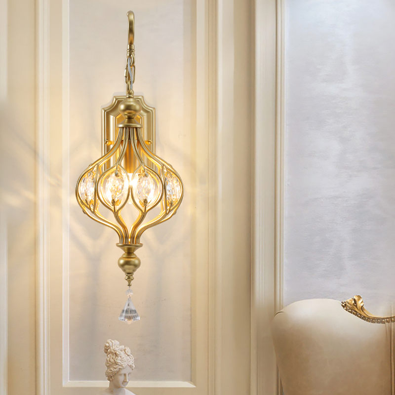 Close-up view of the crystal lampshade of the Nordic Crystal Elegance Wall Sconce.
