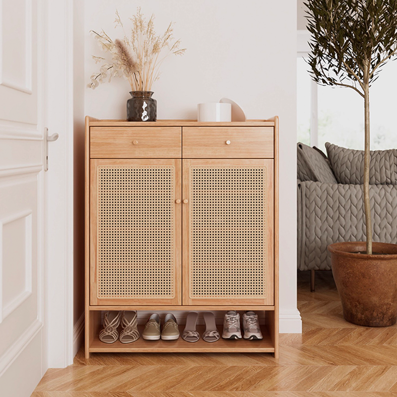 Scene with shoe cabinet in narrow hallway for compact entryway storage