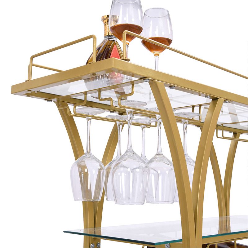 Elegant gold bar cart with tempered glass, showcasing wheels and wine rack from a side angle.