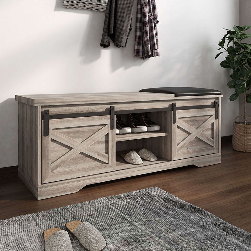 Entryway storage bench featuring comfortable seating and spacious shoe storage.