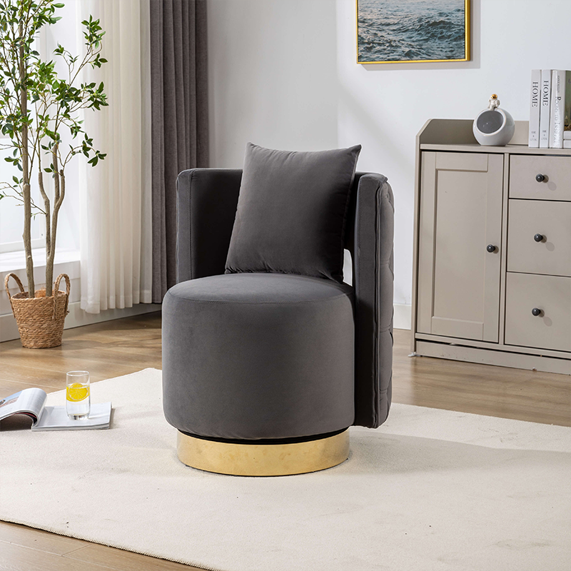 Gray swivel barrel chair featuring a gold metal base, showcasing its elegant design and tufted back.