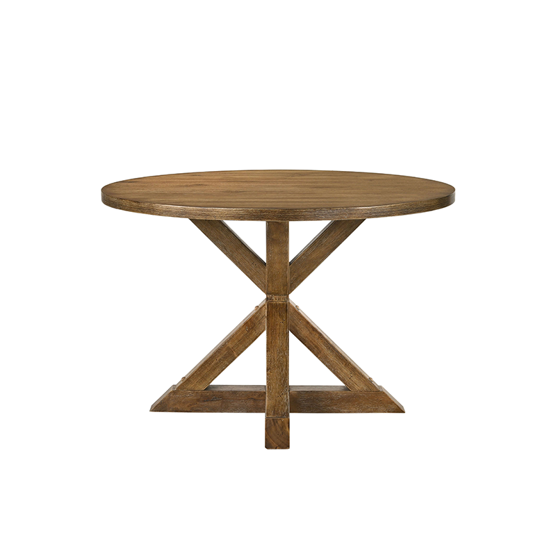 Zoomed view of the elegant trestle base with an X pattern of the weathered oak dining table.