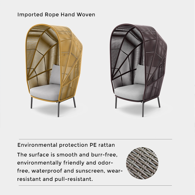 Close-up of the rattan lounge chair showcasing its intricate weave and canopy.