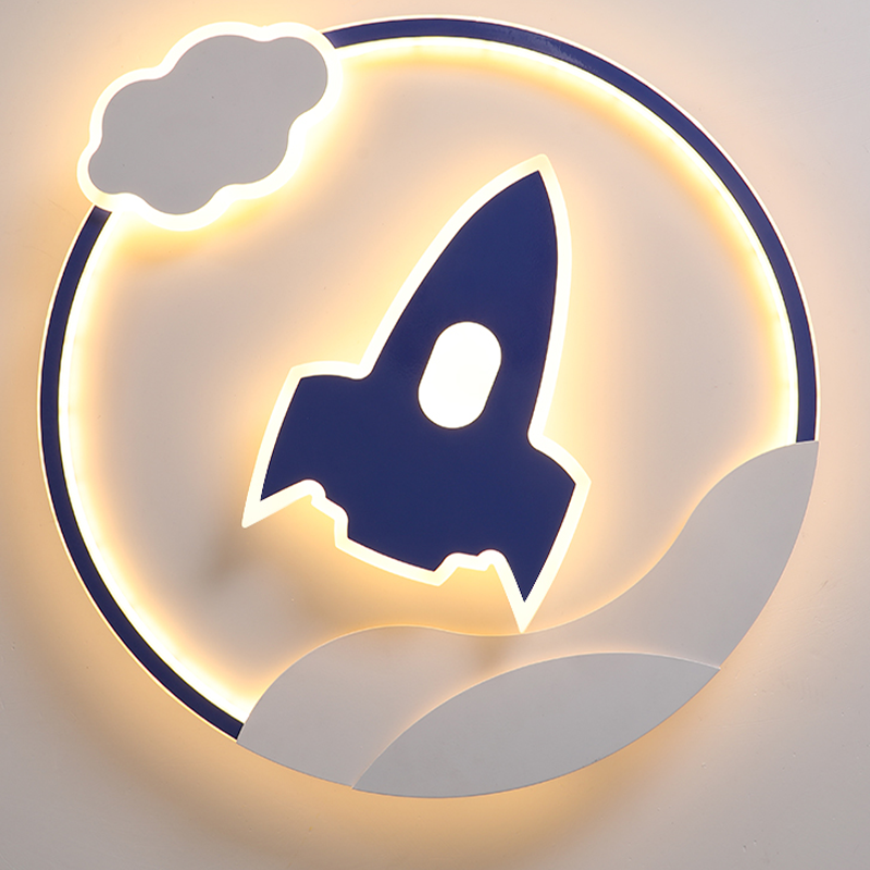 Creative blue flush mount light for kids, showcasing a rocket design from a side angle.