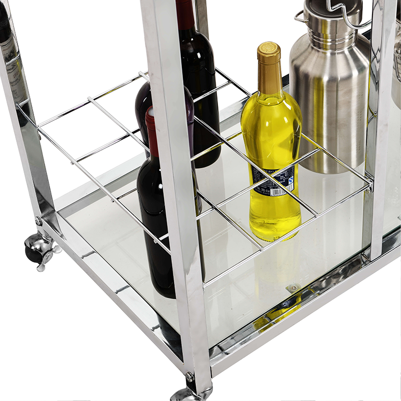 Sleek Silver Tempered Glass Bar Cart with Wine Rack - Image 8