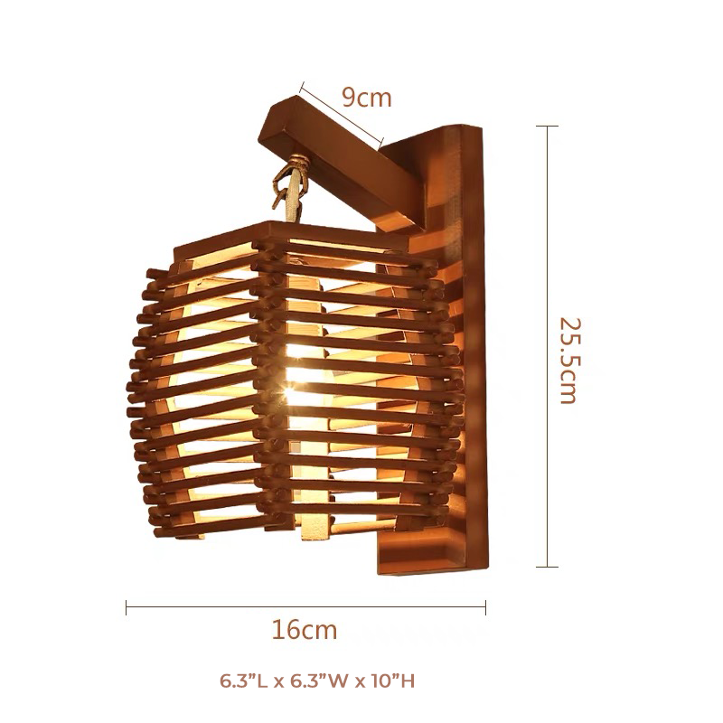 Close-up view of the bamboo wall lamp highlighting its intricate design and craftsmanship.