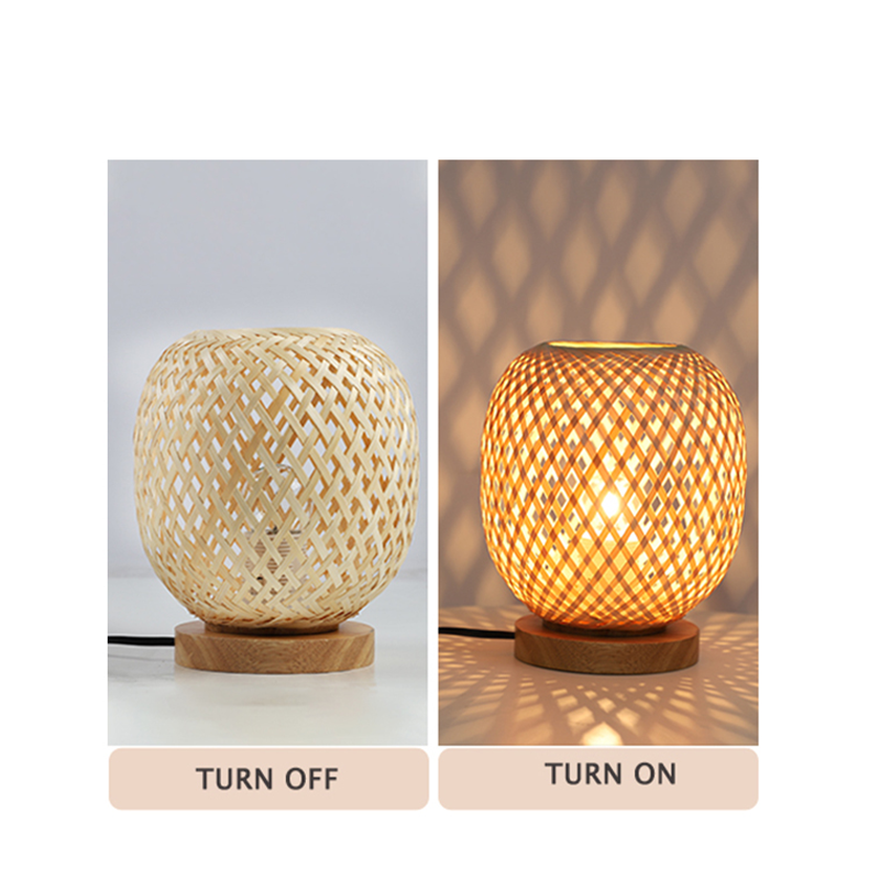 Handwoven rattan table lamp in an office setting, adding a touch of elegance and comfort.