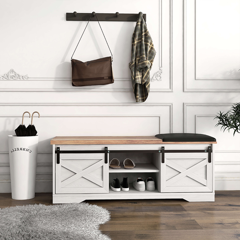 Rustic Modern Entryway Shoe Bench with Sliding Barn Door - Image 2