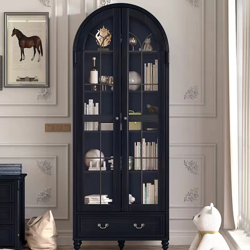 Elegant arched solid wood bookshelf with glass doors and storage drawer.