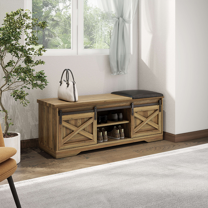 Modern shoe bench with shelves, ideal for organizing footwear in a mudroom