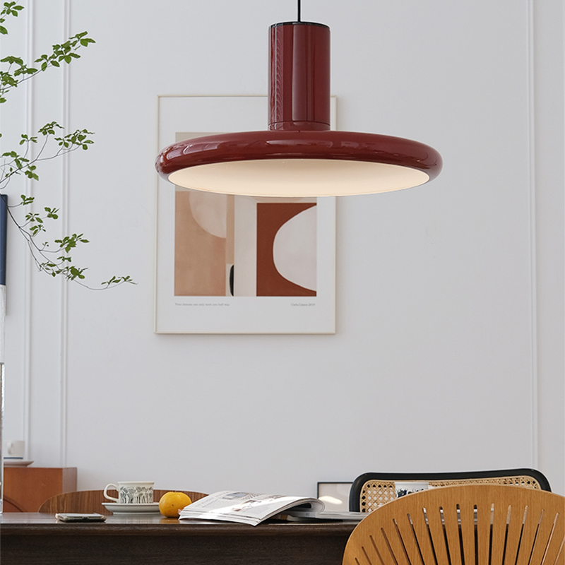 Retro Red UFO Pendant Light hanging elegantly in a modern kitchen setting.