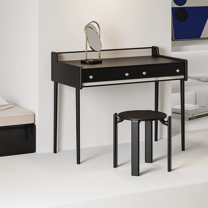 Close-up of the modern vanity set for bedroom, highlighting the solid wood finish and elegant rattan details.