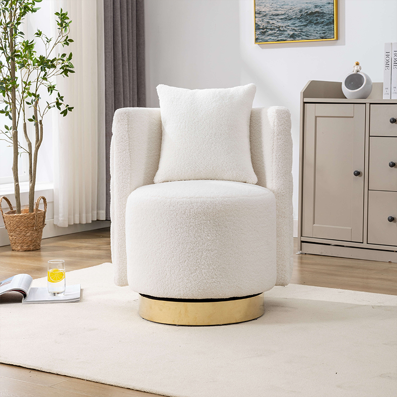 Close-up view of the swivel mechanism on a cream barrel chair with plush upholstery.