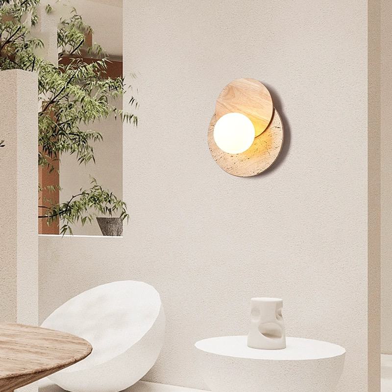 Close-up of the Nordic wooden wall lamp showcasing its natural beige travertine and solid wood design.