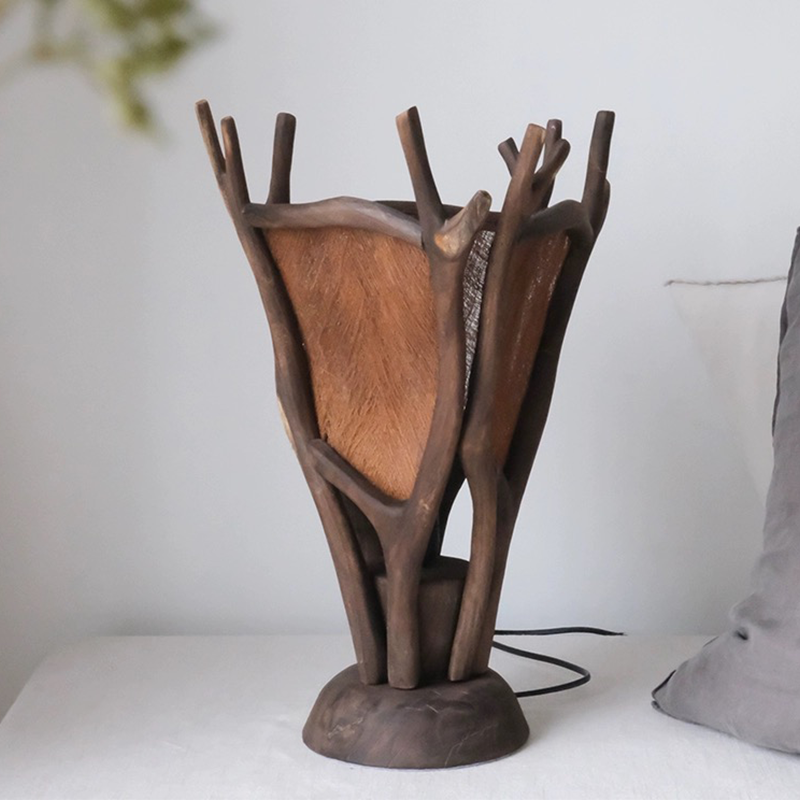 Art Deco handmade branch table lamp showing the intricate wooden base and fabric shade, ideal for living room decor.