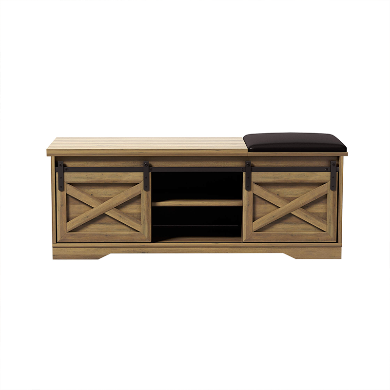 Storage bench in a stylish entryway, holding shoes and providing seating