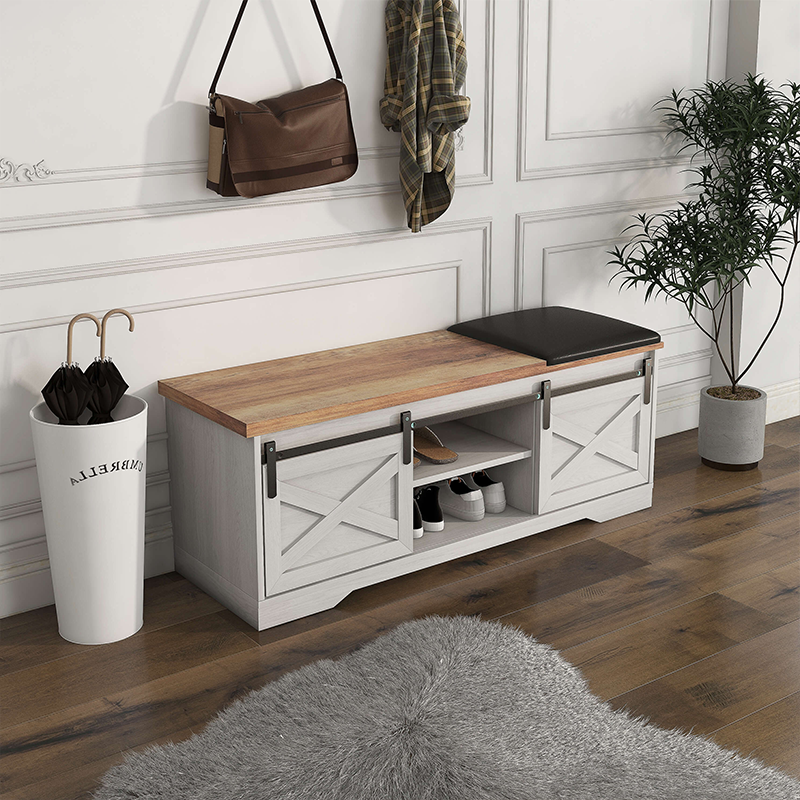 Rustic Modern Entryway Shoe Bench with Sliding Barn Door - Image 3