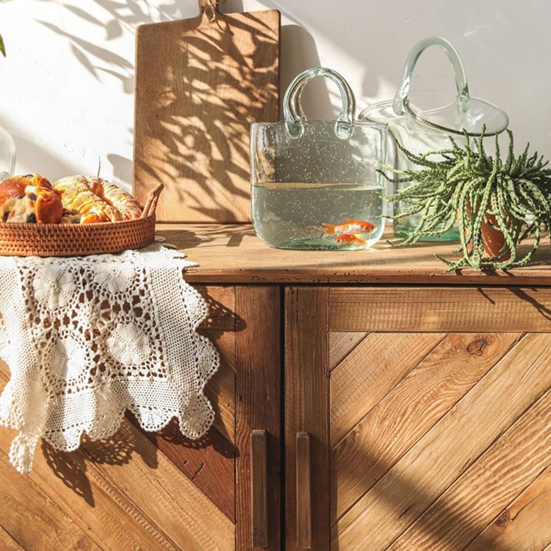 Front view of Rustic Elegance Pine Wood Sideboard Cabinet showcasing its double doors and natural wood finish.