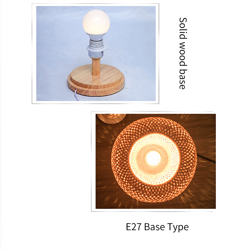 Side view of rustic bamboo table lamp showcasing its unique woven design.