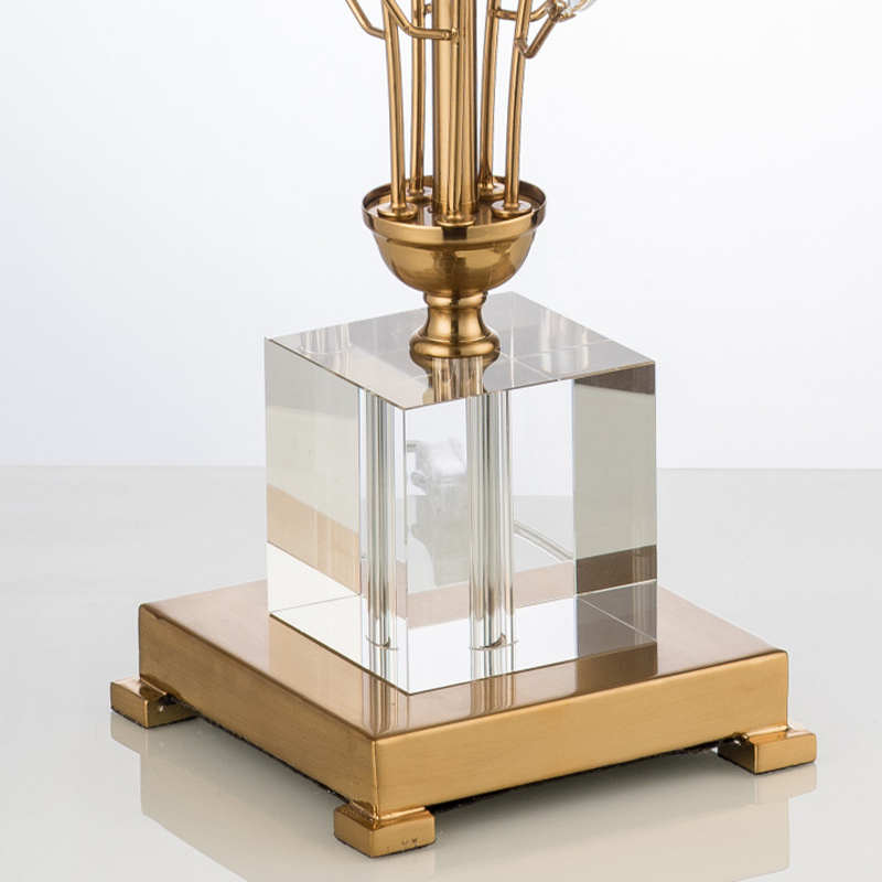 Close-up of a high-end decorative crystal lamp with fabric shade, perfect for bedrooms or study areas, highlighting the detailed craftsmanship.