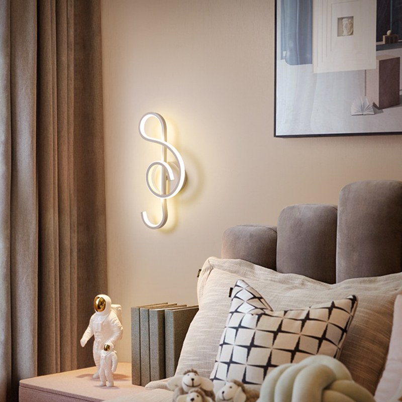 Side angle of creative wall lamp with musical note shape mounted in a modern kitchen