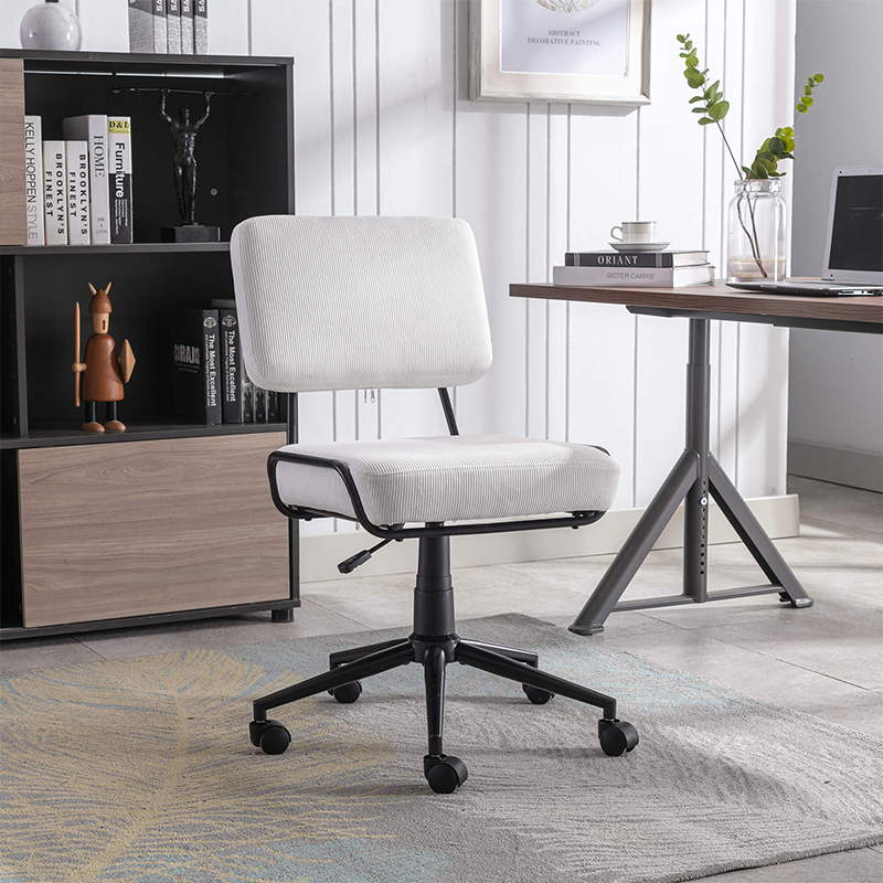 Elegant White Corduroy Swivel Rolling Chair - Image 2