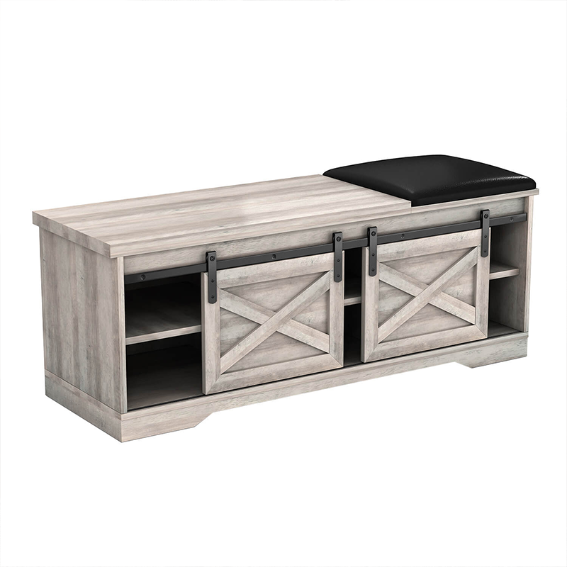 Stylish farmhouse shoe bench with barn door, perfect for small spaces.