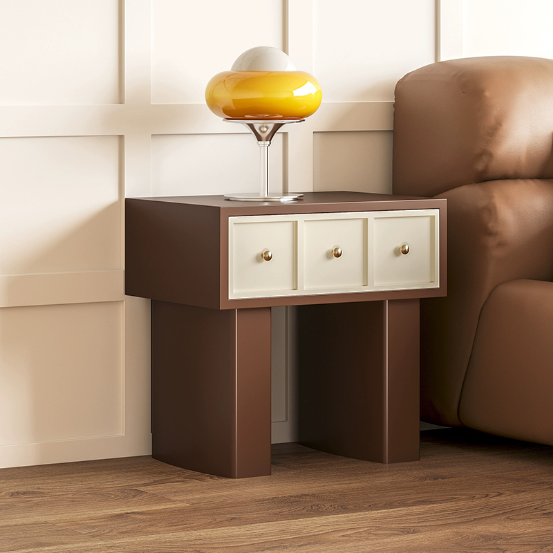 Side view of the Charming Retro Wooden Nightstand with Drawer, highlighting its vintage finish and drawer.