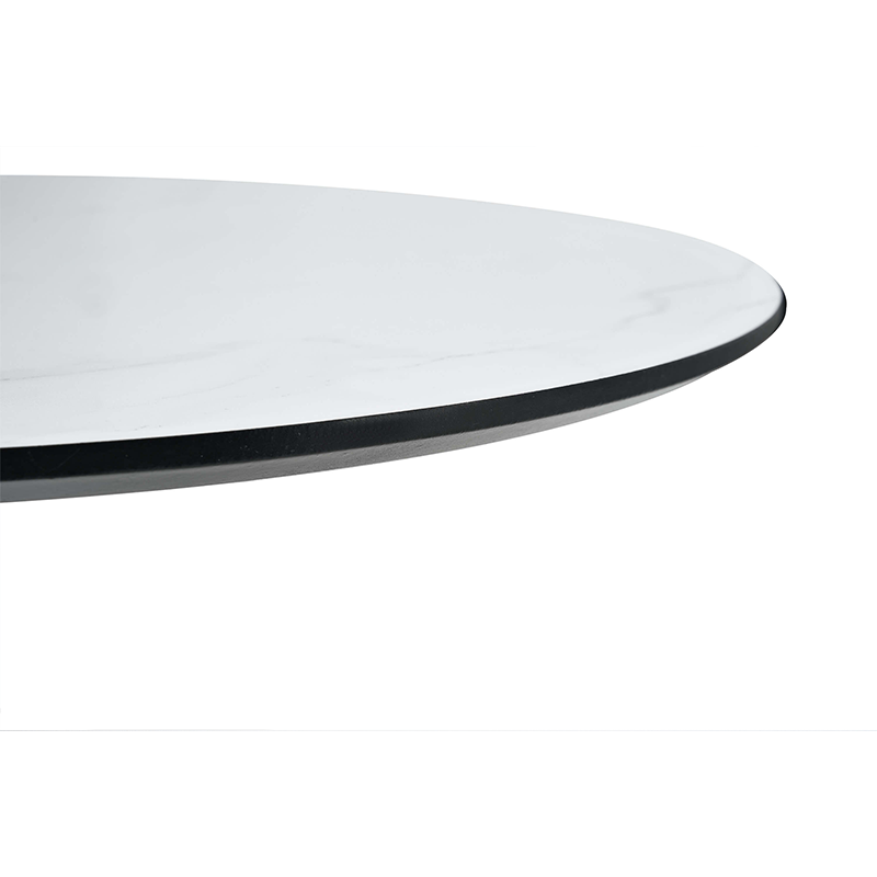 Close-up of the round marble top showcasing the elegant finish and tulip base design.