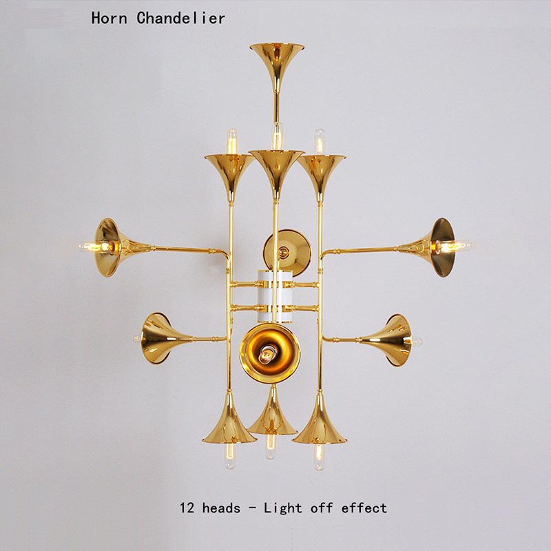 Close-up of the Nordic Brass Horn LED Chandelier highlighting its intricate brass details.