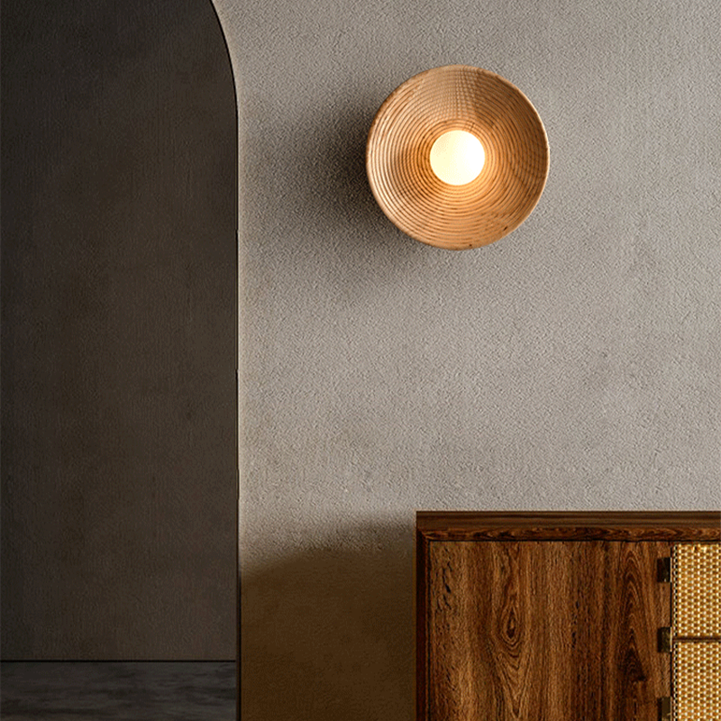 Close-up of the wooden lamps intricate design and smooth finish.