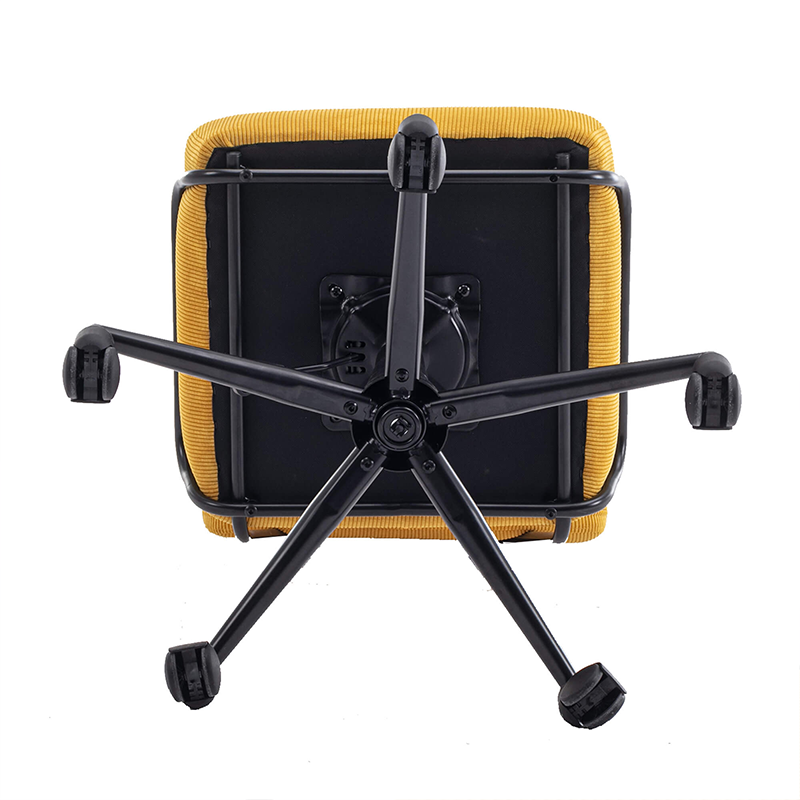 Cozy yellow swivel rolling chair showcasing its corduroy fabric and ergonomic design from the front angle.