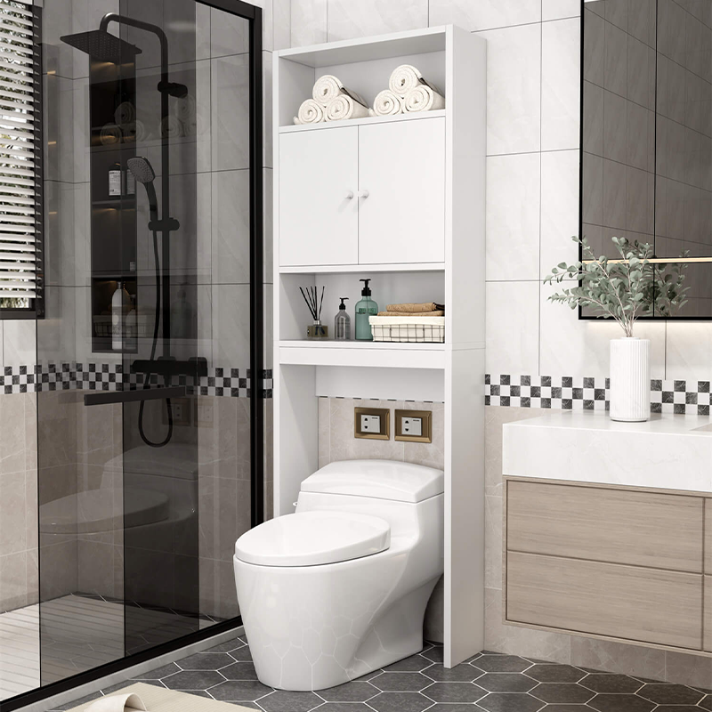 Front view of the sleek over-the-toilet storage cabinet in a modern bathroom setting.